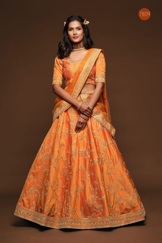 Orange Women's Art Silk Embroidery Lehenga Choli