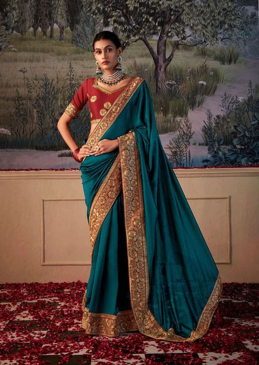 Sherpa Blue Wevon Lace Border Designer Embroidery Work Vichitra Saree