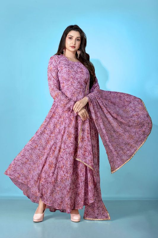 Purple Georgette Designer Printed Graceful Partyweaar Gown With Dupatta