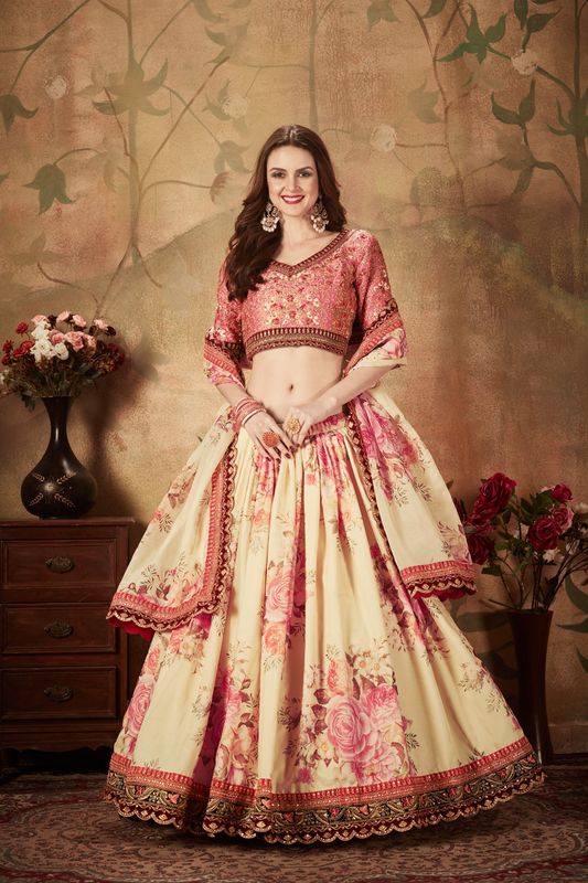 Beige and Peach Women's Organza Embroidery Lehenga Choli