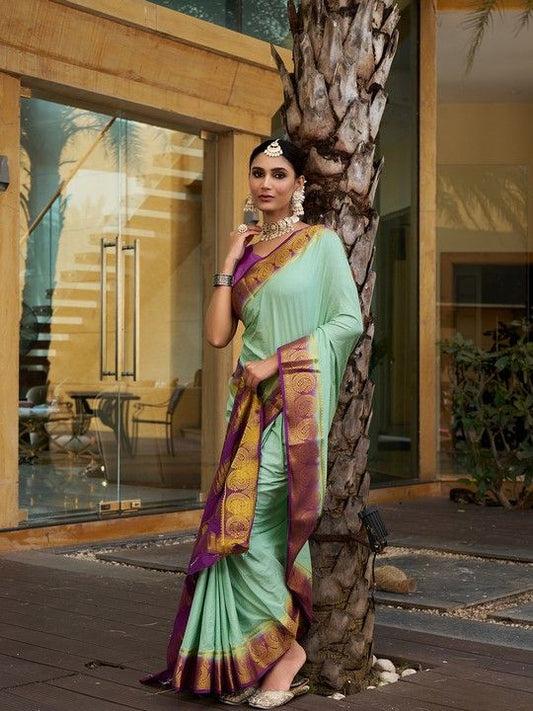 Green Crepe Woven Saree and Stitched Wine Blouse