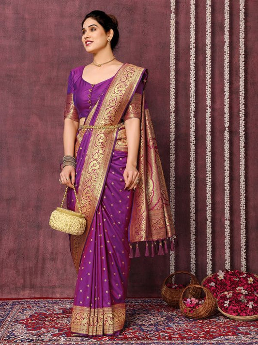 Purple Wevon Jari Designer Work Silk Blend Saree