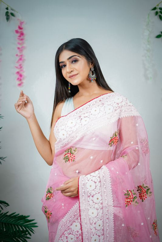 Pink Designer Embroidery Work Organza Saree