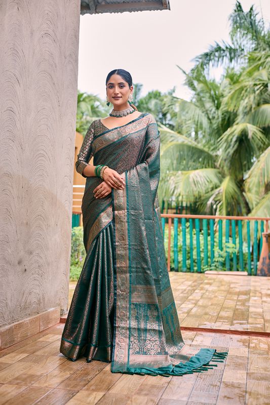 Rama Wevon Copper Jari Designer Kanjivaram Sik Saree