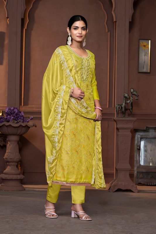 Lime Viscose Organza Poistion Embroidery With Hand Work Graceful Ethnic Wedding Wear Salwar Kameez