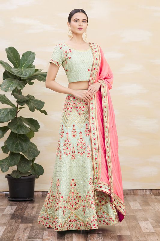 Pista Green Color Silk Fabric Heavy Adorable Wedding Ceremony Lehenga Set