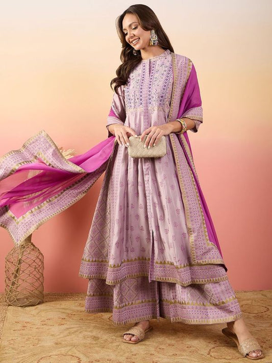 Purple Color Rich Looks Hand Woven Readymade Dress With Sophisticated Embroidery Work