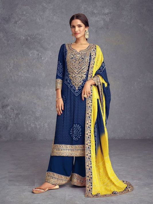 Blue Chinon Fabric Bandhani Printed Palazzo Dress With Designer Embroidery Work