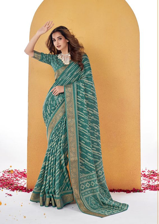 Mineral Green Wevon Border Designer With Printed Dolla Silk Saree