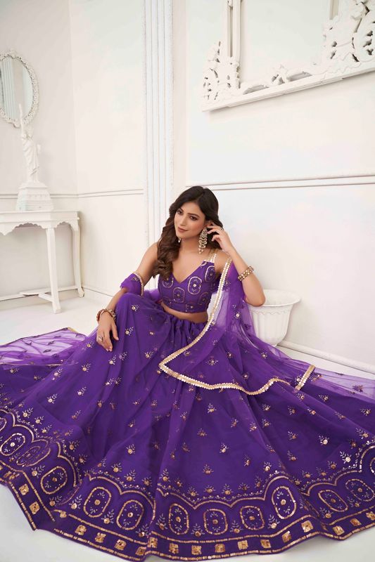 Purple Color Net With Sequins And Thread Embroidery Work -Stitched Lehenga & Unstitched Blouse With Dupatta