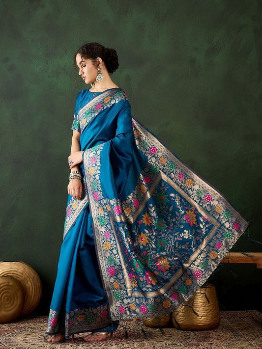 Blue Silk Wevon Jacquard Designer Traditional Rich Saree