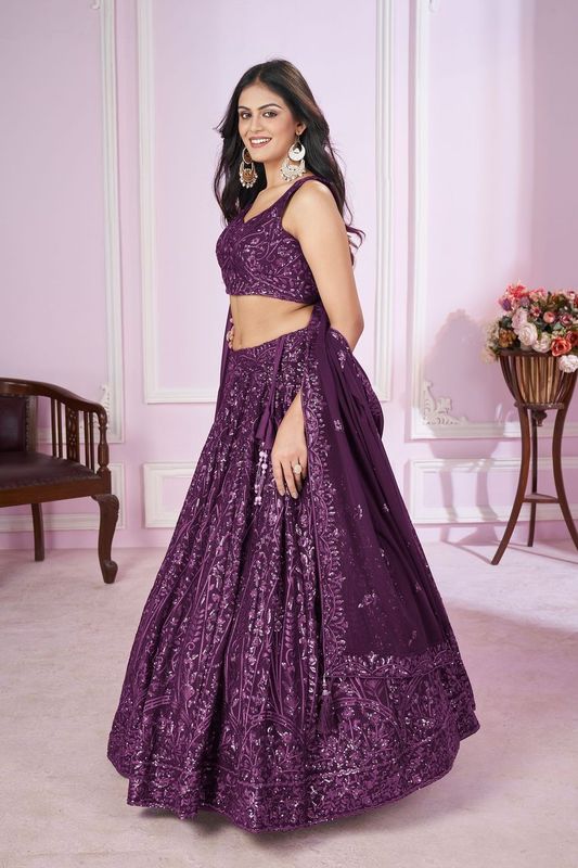 Purple Women's Georgette Embroidery Lehenga Choli