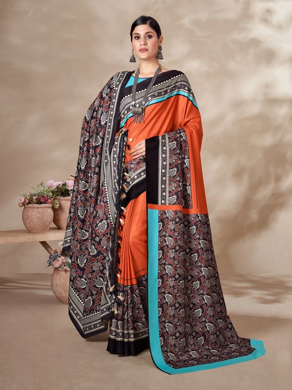 Winter Special Orange Color Pashmina Saree With Fancy Shawl For Wedding Looks