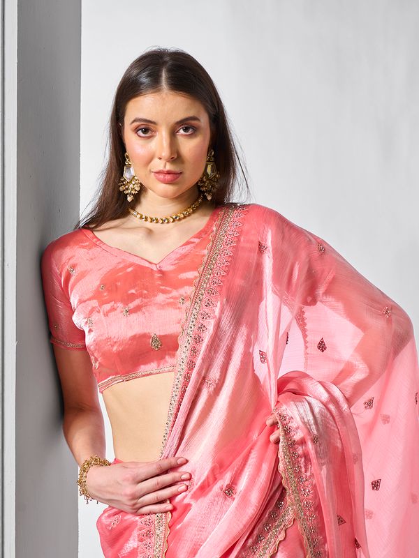 Coral Color Burburry Fabric Bollywood Style Designer Embroidery Work Evening Party Saree