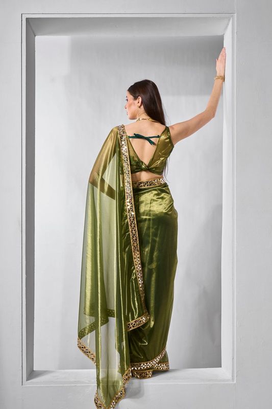 Green Solid & Gold Cotted Gold Tissue Net Saree