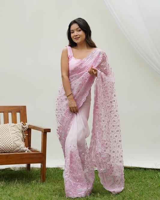 Baby Pink Sequance & Thread Embroidery Work Organza Saree