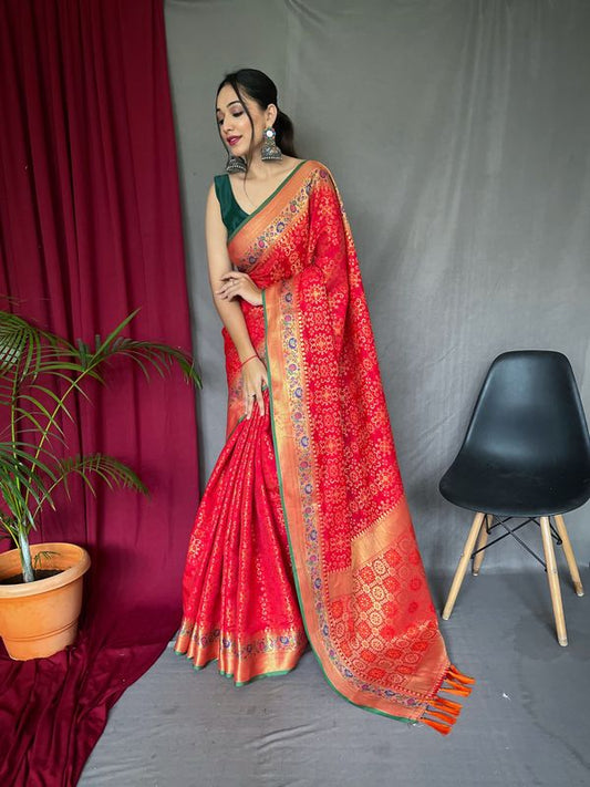 Red Weaving Jacquard Jari Designer Patola Silk Saree