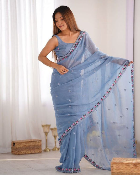 Sky Blue Pixel Silk Thread And Sequins Embroidery Work Partywear Girlie Saree