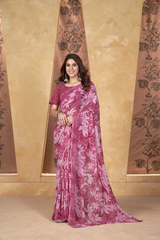 Pink Designer Printed Weight Less Saree