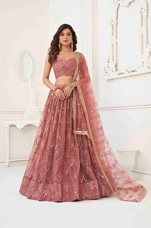 Onion Pink Color Net With Sequins And Thread Embroidery Work -Stitched Lehenga & Unstitched Blouse With Dupatta