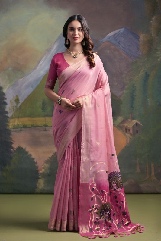 Pink Resham And Zari Weaving Muga Silk Saree