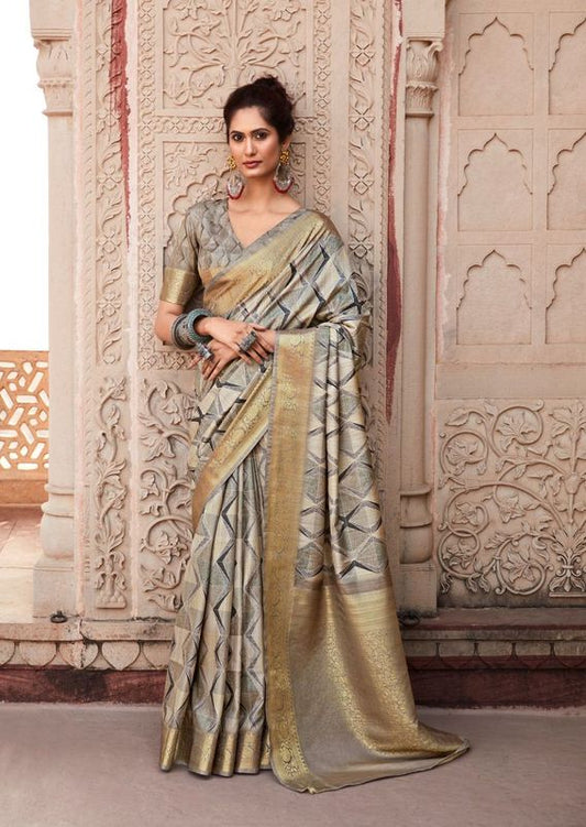 Light Grey Weaving Border Designer & Digital Printed Handloom Silk Saree