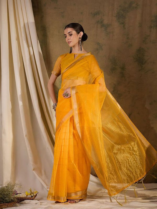 Yellow Wevon Jari Pallu Border Designer & Sequance Lining Work Organza Silk Saree