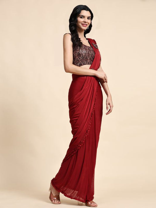 Red Solid & Sequance Embroidery Work Lycra Saree