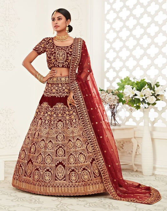 Red Women's Velvet Embroidery Lehenga Choli