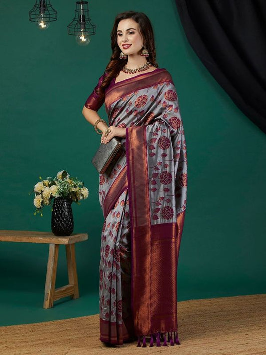 Lavender Color Ethnic Banarasi Silk Saree With Floral Woven Designer Looks