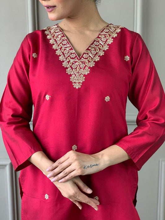 Red Chanderi Silk Straight Kurta