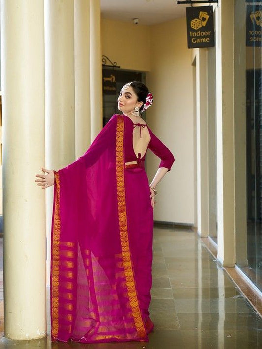 Pink Crepe Woven Saree and Stitched Pink Blouse