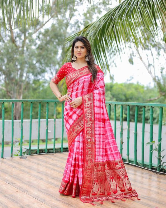 Pink Wevon Designer & Sibori Printed Dola Silk Saree