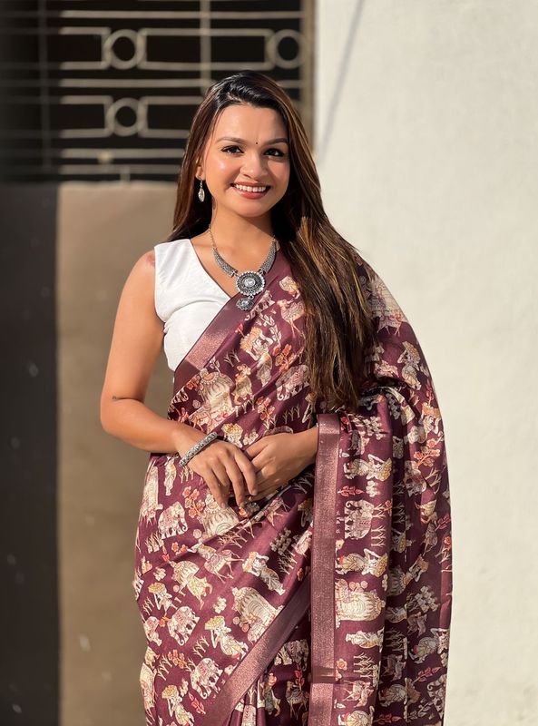 Wine Wevon Jari Border & Designer Digital Printed Tussar Silk Saree
