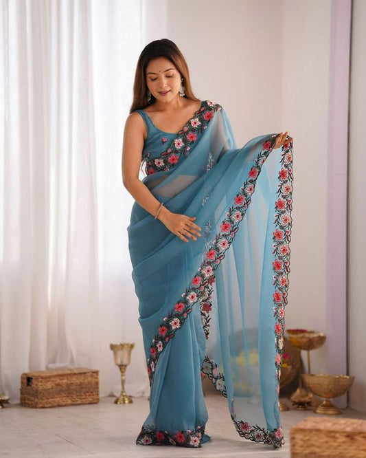 Sky Blue Color Gold Crush Fabric Multy Thread Embroidery Work Saree For Party Looks