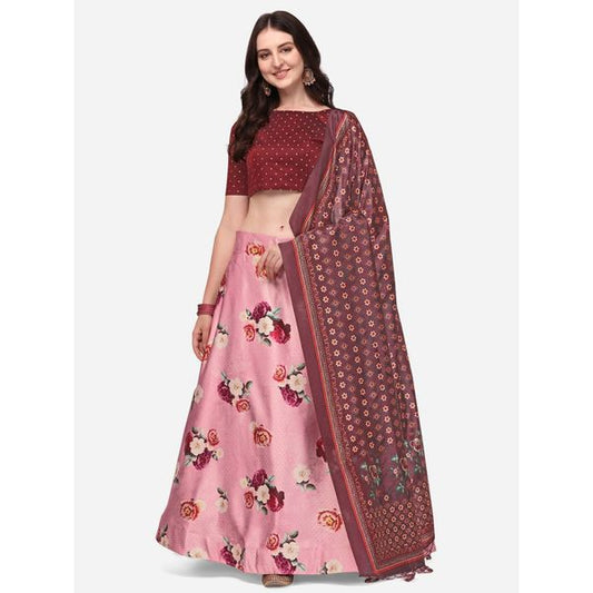 Digital Print Satin Silk Fabric Stitched Lehenga Choli With Jequared Blouse and Assami Silk Thread Work Dupatta For Women and Girls In Festive Party And Traditional Wear