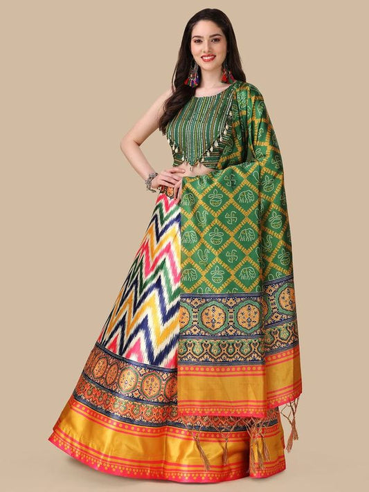 Digital Print Satin Silk Fabric Stitched Lehenga Choli With Jequared Blouse and Assami Silk Thread Work Dupatta For Women and Girls In Festive Party And Traditional Wear