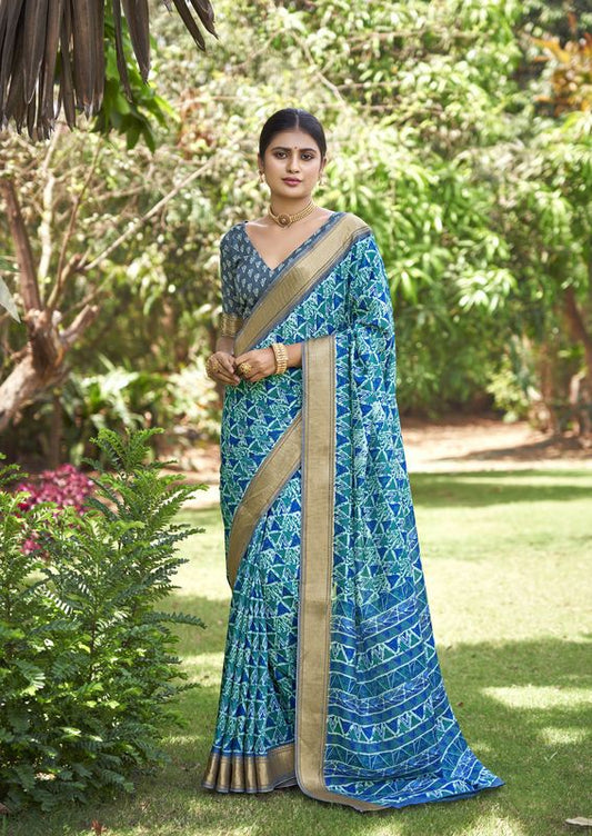 Sea Green Wevon Border Designer With Printed Kalamkari Silk Saree