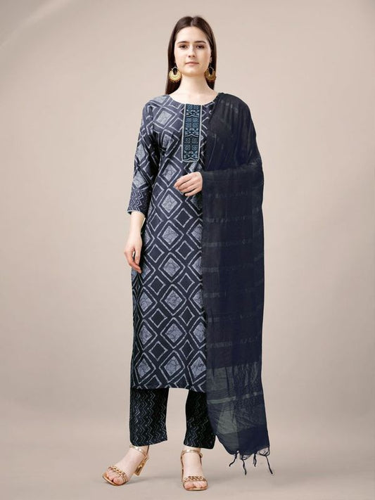 Grey Color Rayon Fabric Designer Printed Readymade Suits With Smart Embroidery Work