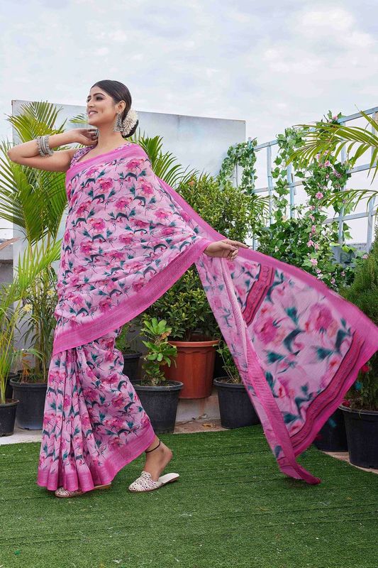 Pink Color Linen Blend Digital Printed Designer For Graceful Festive Looks