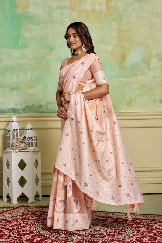 Peach Wevon Designer Cotton Saree