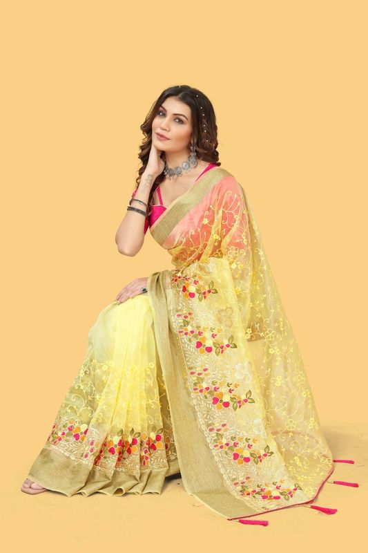 Yellow Color Woven Patta Organza Silk Saree With Embroidery And Stone Work