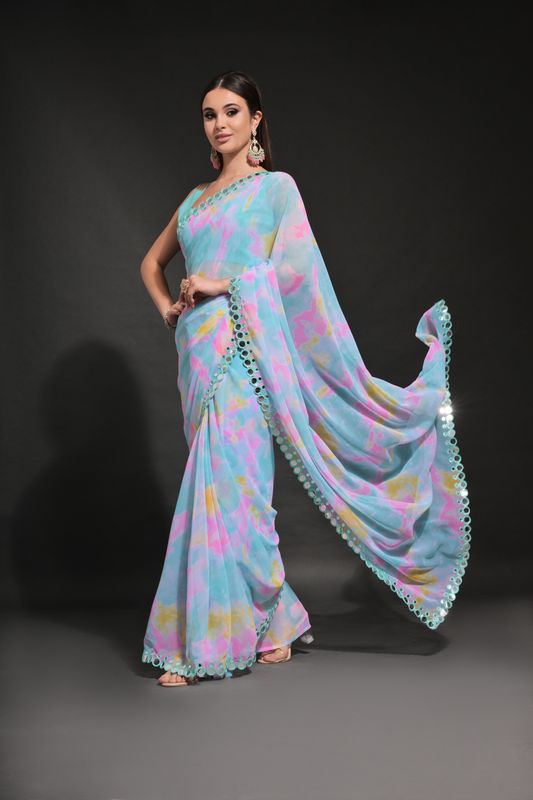 Blue Prizam Printed & Mirror Work Lace Border Georgette Saree