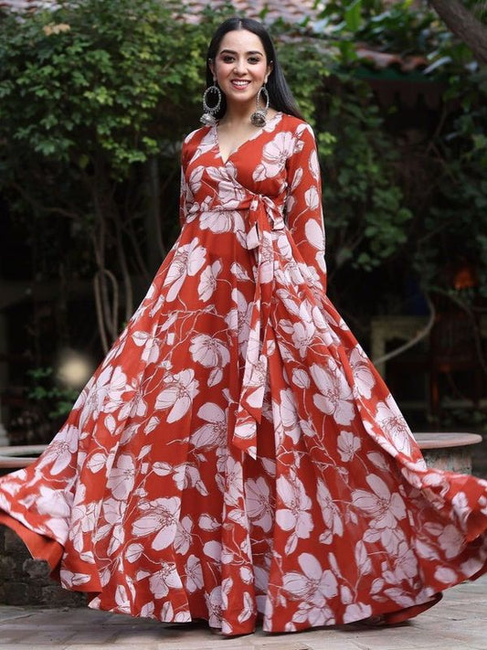 Orange Color Beautiful Designer Floral Printed Long Gown For Partywear Looks