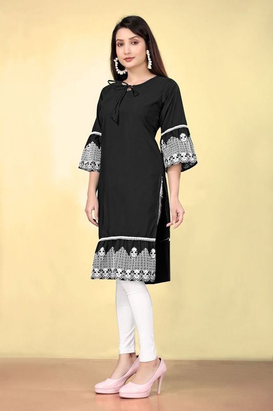 Black Cotton Fabric Thread Embroidery Work Kurti For Formal Looks