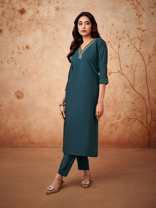 Dark Teal Embroidered Kurta Sets