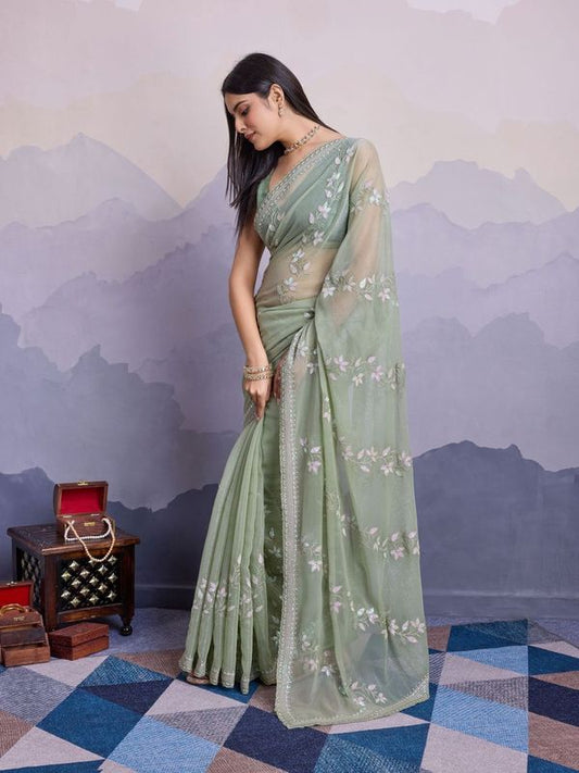 Green Shimmer Chiffon Designer Sequance Embroidery Work Heavy Partywear Trendy Fashion Saree