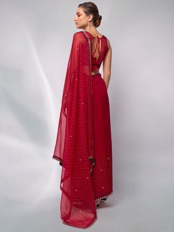 Red Color Moss Fabric Swarovski  Designer Graceful Bollywood Style Party Saree