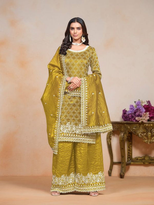 Yellow Color Gold Crush Fabric Designer Embroidery Work Heavy Looks Palazzo Dress