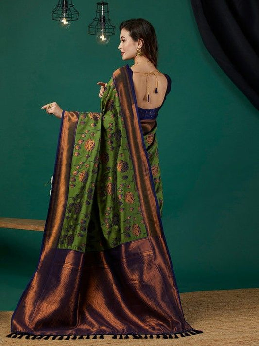 Green Banarasi Silk Woven Saree With Tassels on Pallu and Stitched Navy Blue Blouse